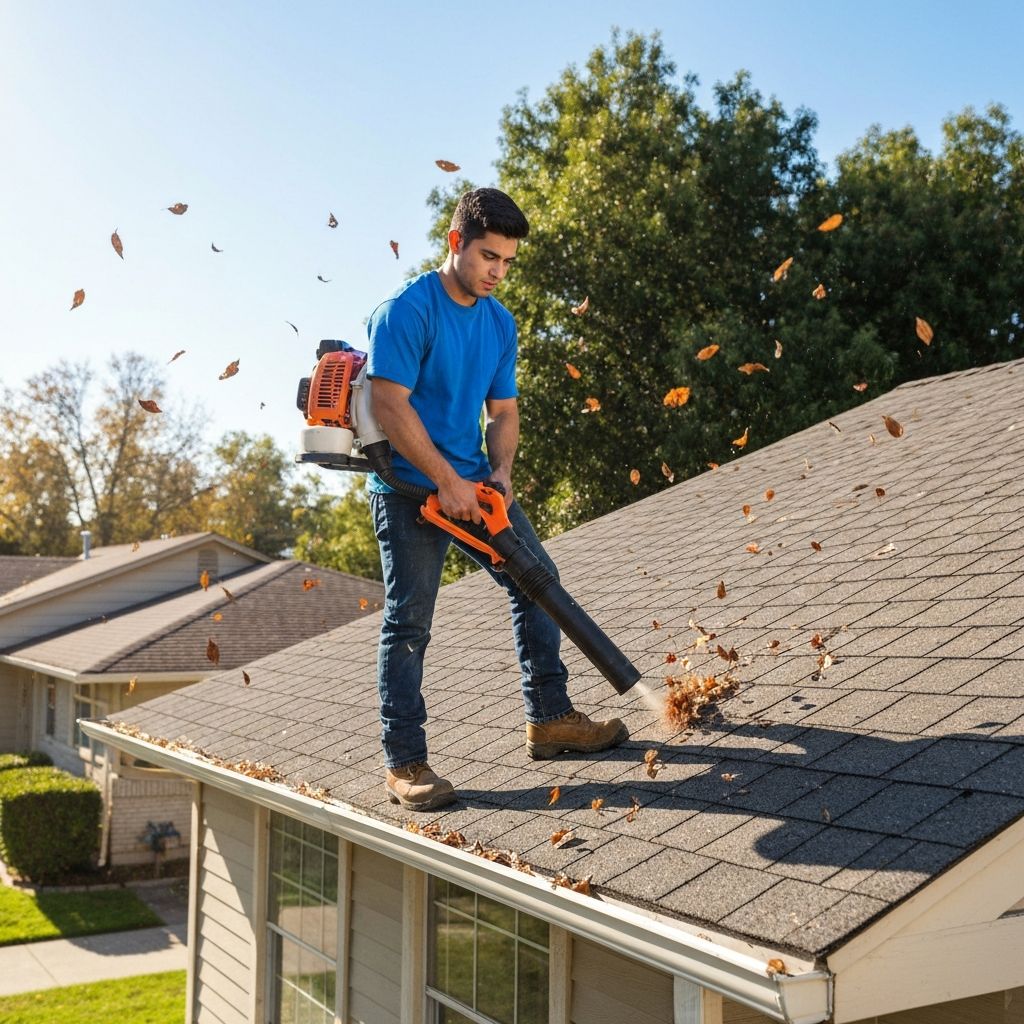 Professional gutter cleaning service with leaf blower on residential roof