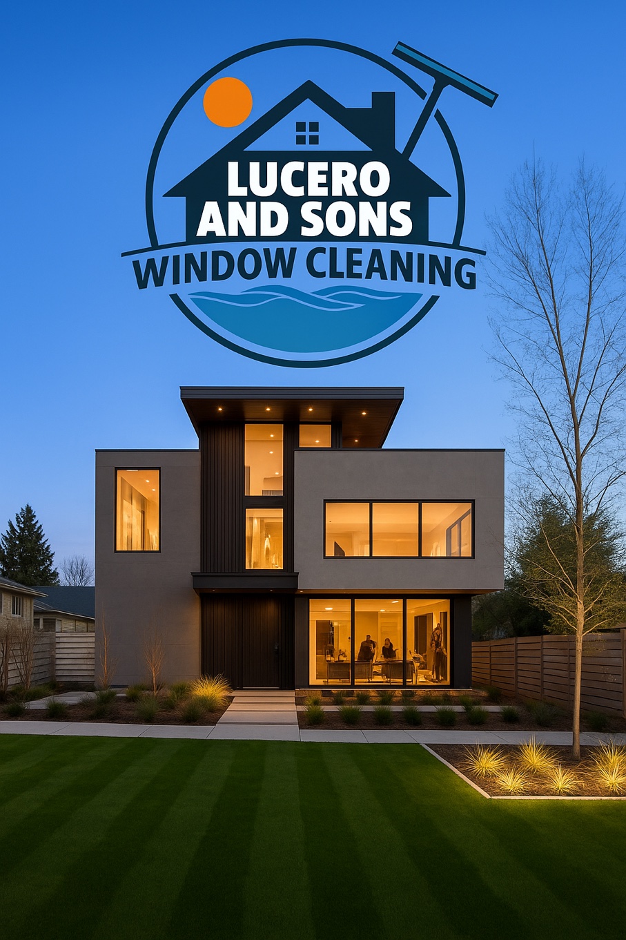 Lucero and Sons Window Cleaning - Branded logo with beautiful modern residential home