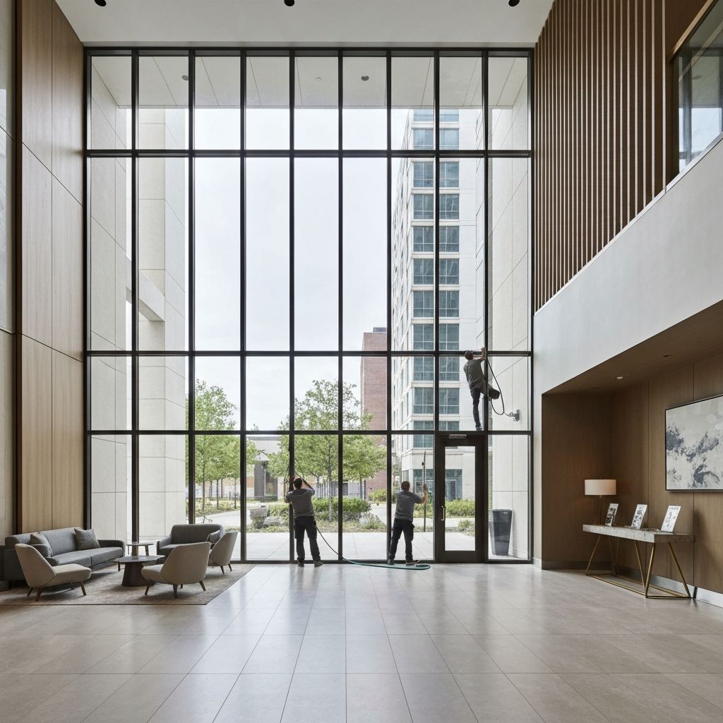 Professional window cleaning service in luxury apartment building